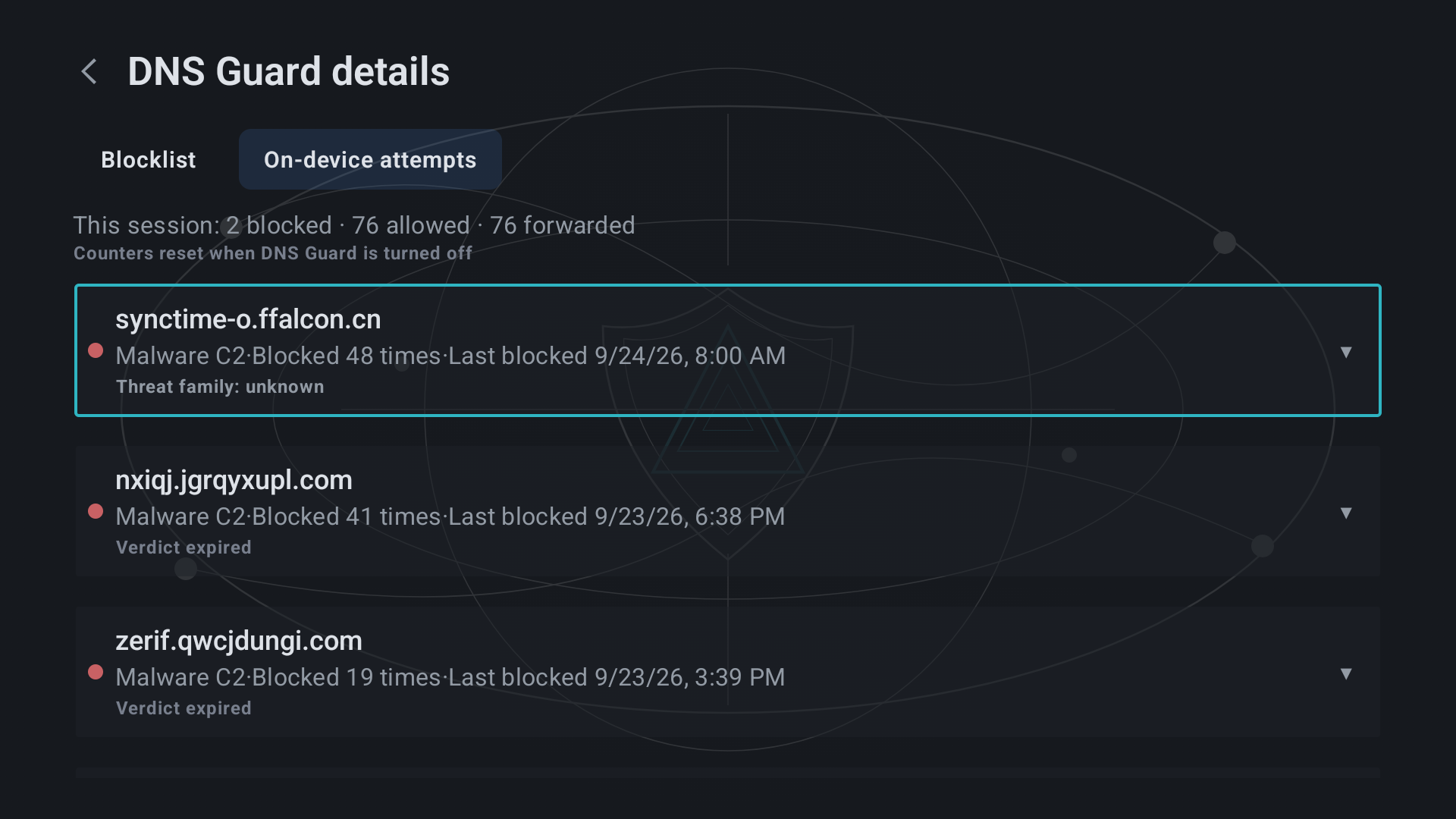 DNS Guard detail — on-device attempts tab